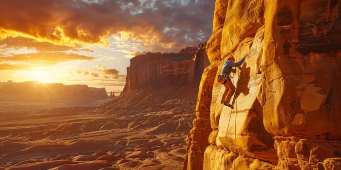 A brave man scales a towering cliff face, clinging to the rough rock surface as he climbs higher into the sky.