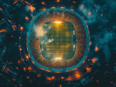 A stunning view of a brightly lit soccer stadium at night, with rows of seats, a green pitch, and players in action under the floodlights.