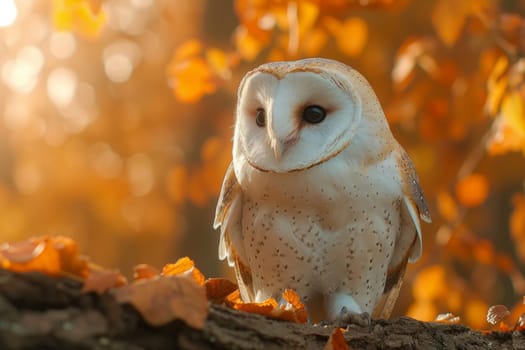 A majestic owl is perched gracefully on a moss-covered tree branch in the moonlight, its keen eyes scanning the surrounding forest.