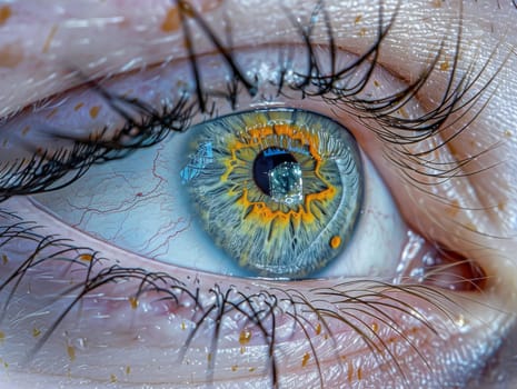 A detailed view of a blue eye, showcasing its iris, pupil, and surrounding features up close.