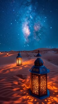 Two glowing lanterns bring light and warmth to the barren desert landscape as they sit side by side, creating a serene and enchanting atmosphere.