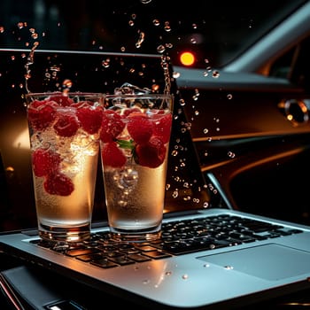 Two glasses of ice water with raspberries sit on top of a laptop, creating a refreshing and inviting workspace.