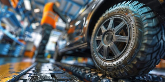 A close-up view of a colorful toy truck parked on a table, ready to embark on a tiny adventure through a meticulously arranged service station setting.