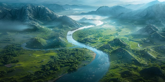 A gentle river winds its way through a vibrant green valley, surrounded by lush foliage and rolling hills under a clear blue sky.