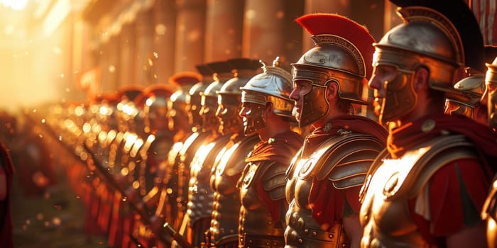 A group of strong, armored Roman legionnaires stand tall and united, showcasing their loyalty and readiness for battle.