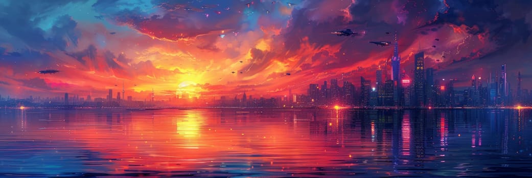 A mesmerizing painting capturing a vibrant sunset casting warm hues over a tranquil body of water, creating a serene and picturesque scene.