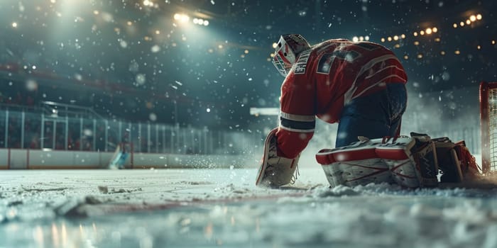 A hockey goalie kneels on the ice in front of a goalie net, ready to block any incoming shots with precision and agility.