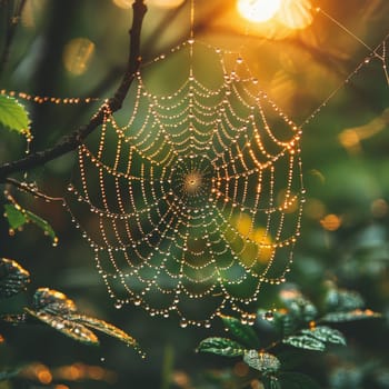 A delicate spider web glistens in the morning light, adorned with tiny dew drops that sparkle like scattered diamonds.