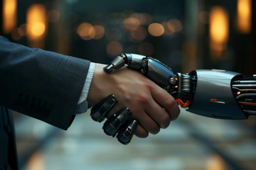 Businessman handshake With Robot Robot shaking hands with human partners or friends.ai generative.