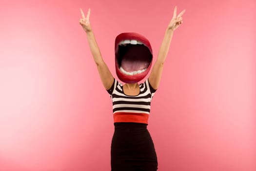 Stylish fashion sexy bad crazy girl with an open mouth instead of a head. Red lips. Dangerous rocky emotional woman. Pink background