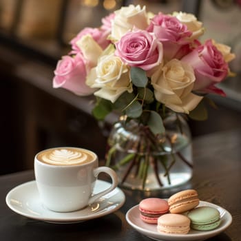 A cozy and elegant scene of a capuccino cup with foam design next to a vase of pink and cream roses. Colorful macarons add sweetness to the coffee.