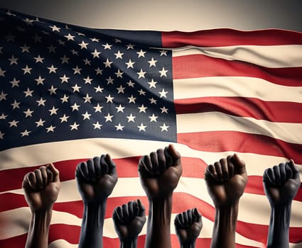 A black hand fist raised in solidarity accompanied by the vibrant colors of the United States flag, no racism concept , Generative Ai.