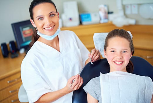 Dentist, chair and portrait of child for consulting, teeth whitening and wellness in clinic. Healthcare, dentistry and woman and girl with tools for dental hygiene, oral care and medical services.