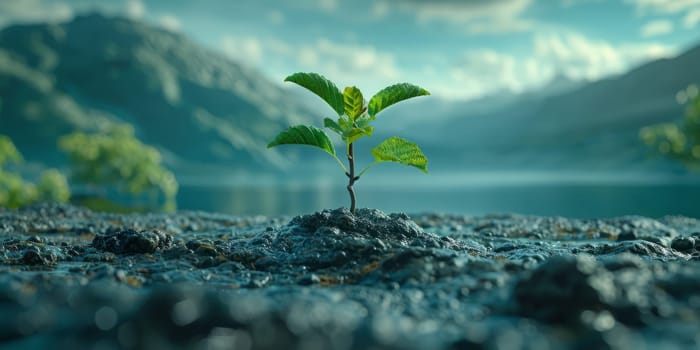 Vibrant green seedling sprouting from rocky ground against majestic mountain landscape. Concept of growth, resilience, and environmental renewal.