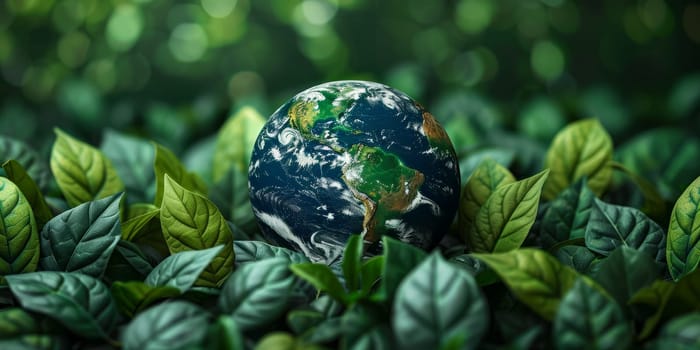 Planet Earth surrounded by lush green leaves, symbolizing environmental conservation and sustainability. Concept of eco friendly living, nature protection, and global awareness.