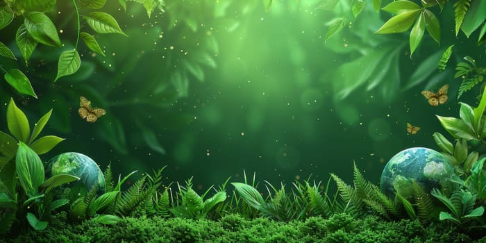 Green Planet Ecology Concept, Lush Foliage, Grass, Butterflies, and Earth Globes in Vibrant Nature Scene