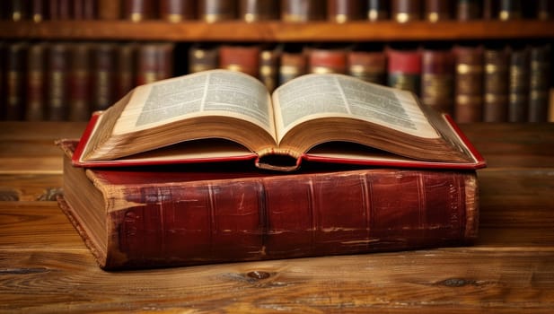 Open book on antique wooden table in old library