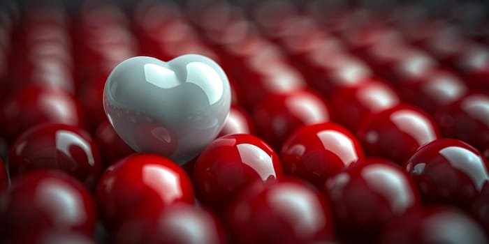 White heart standing out among red spheres. Concept of uniqueness, individuality, and being different.