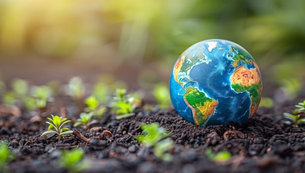 Fragile planet Earth in soil with green plants. Environmental protection and sustainability concept.