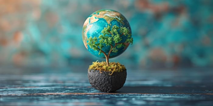 Miniature tree growing from globe symbolizing environmental conservation and sustainability. Save the Earth concept.