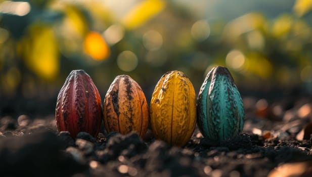 Colorful cocoa pods on the ground with bokeh background. Cacao fruit diversity and harvest concept.