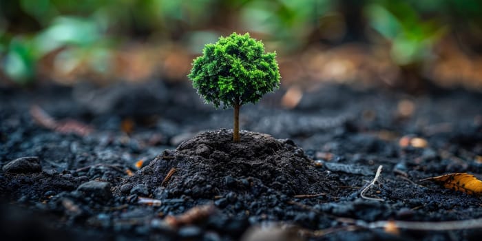 Seedling growing in a pile of soil, representing new life and growth. The concept of planting trees to save the planet and protect the environment.