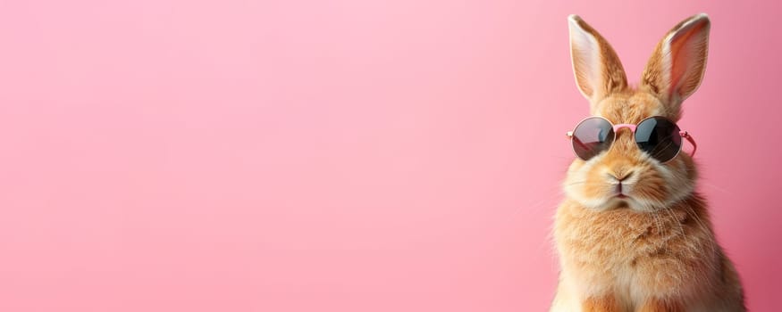Cute bunny rabbit against pink Easter background. Concept of spring holiday celebration and greeting card design.