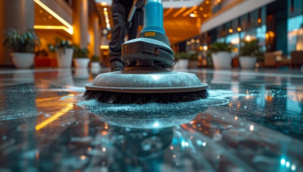 Professional floor cleaning services. Scrubber machine for cleaning marble floor in the hotel lobby. Cleaning company worker using industrial floor scrubber machine to clean the floor.