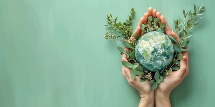 Hands holding a globe with green leaves. Earth Day concept. Environmental protection and sustainable development.