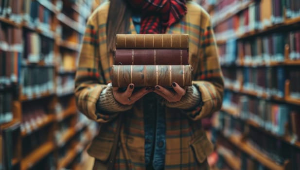 Student holding stack of books in library aisle. Concept of education, knowledge, and literature.