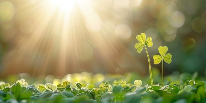 Lucky leaf clover glowing in sunbeam rays. Concept of luck, nature, and spring.