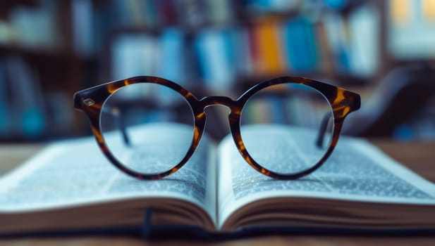 Vintage round tortoiseshell eyeglasses on open book with blurred bookshelf background. Concept of reading, knowledge, education, and literary interests.