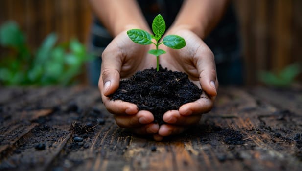 Hands holding young plant with soil on wooden background, Earth day concept