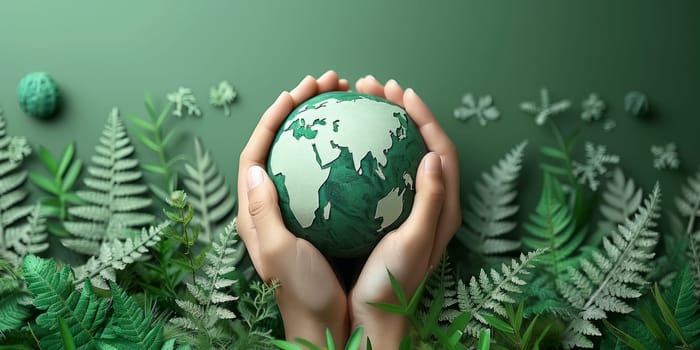 Hands holding earth globe on green leaves background. Save the planet concept