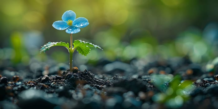 Tiny blue flower seedling sprouting from fertile soil, symbolizing new life and growth. Concept of natures resilience, environmental conservation, and sustainable future.