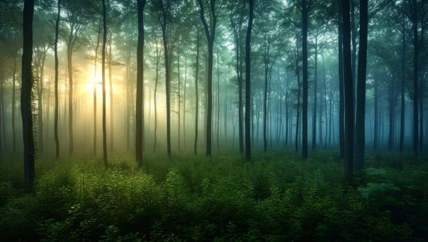 Mystical foggy forest at sunrise with sunbeams piercing through trees. Atmospheric woodland scenery with misty undergrowth and sunlight rays in morning haze.