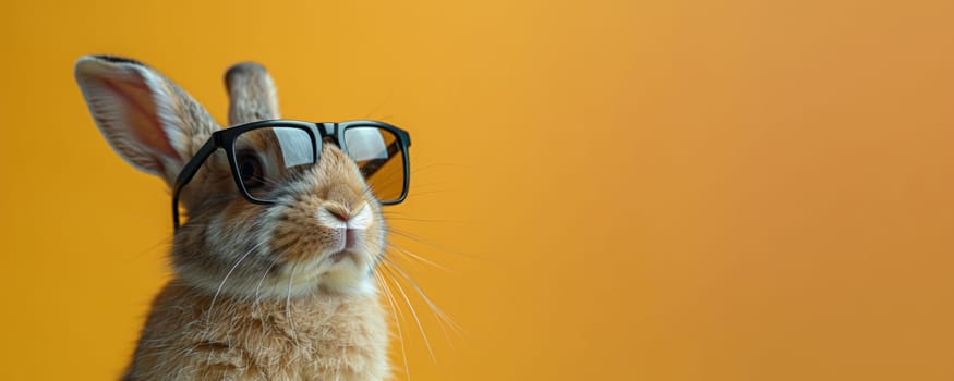 Close up portrait of a cute brown bunny wearing eyeglasses, isolated on an orange background. Easter concept.