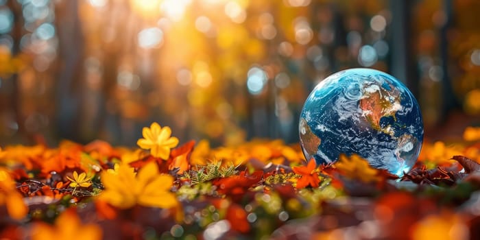 Autumn nature scenery with globe and fallen leaves. Environmental concept of changing seasons and planet Earth preservation.