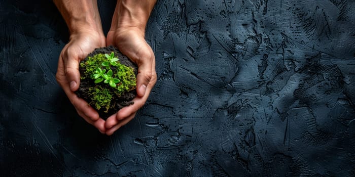 Hands holding fresh green moss on dark background, environmental conservation concept. Ecology and nature protection symbolism.