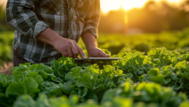 Farmer inspecting organic lettuce crop at sunset. Hands of agricultural worker examining fresh green leafy vegetables in field. Concept of sustainable farming, harvest season, and healthy nutrition.