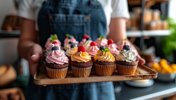 Woman holding tray of delicious cupcakes with fresh berries and whipped cream. Sweet bakery treats, homemade pastries and desserts.