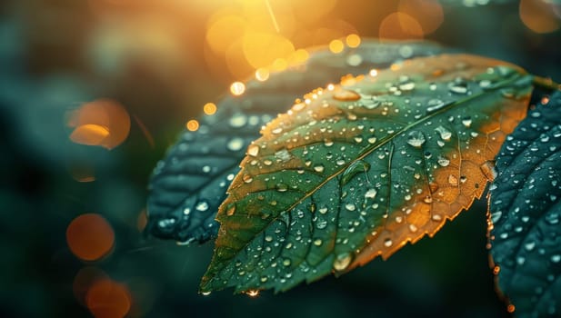 Rain drops on the leaves of a rose in the rays of the setting sun.