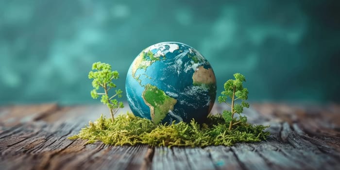 Planet Earth with green sprouts on wooden surface, environmental conservation concept. Global ecology, sustainable development, and eco friendly future.