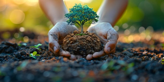 Nurturing nature: Hands cradling a vibrant tree seedling sprouting from fertile soil. Concept of environmental conservation, sustainable growth, and ecological balance.