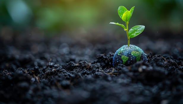 Close up of a small plant growing out of the dirt with a small globe in the center of the plant with water droplets on the globe. Earth day concept