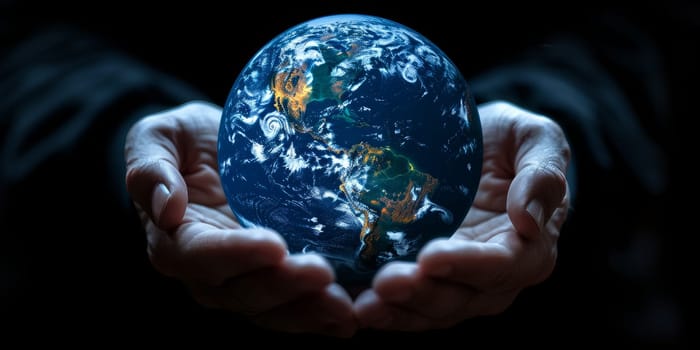 Hands holding planet Earth globe, environmental conservation concept. Protecting our world, global awareness, and sustainability.