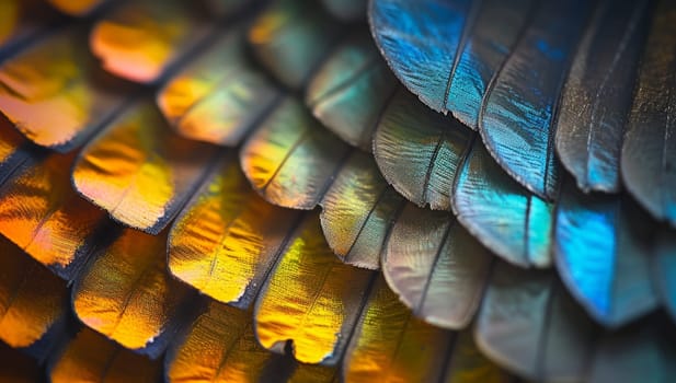 Vibrant multicolored bird feathers macro abstract pattern. Exotic feather textures with iridescent blue, orange, and yellow hues. Natures artistic palette.