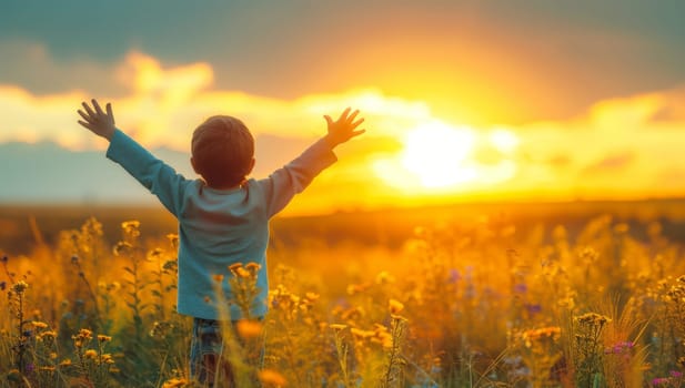 Little boy standing in a field of flowers with his arms raised in the air, enjoying the sunset. Concept of freedom, happiness, and nature.