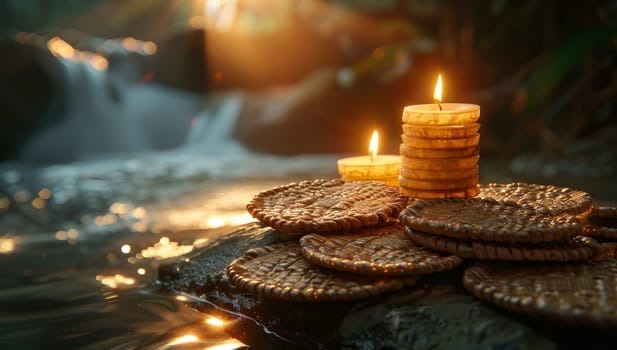 Spa relaxation with candles, cookies and flowing water. Wellness and tranquility concept.