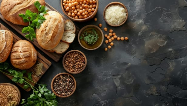 Assortment of healthy plant based protein sources on rustic background. Bread, legumes, grains, and greens for vegan or vegetarian diet. Concept of natural, sustainable, and nutritious eating.